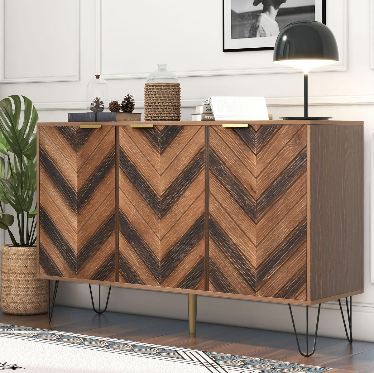 SIDEBOARD 120/38/76,5 cm mit 3 Türen in Naturfarbe und goldfarbenen Griffen - Naturfarben, Holzwerkstoff (120/76.5/38cm) - BEAOK