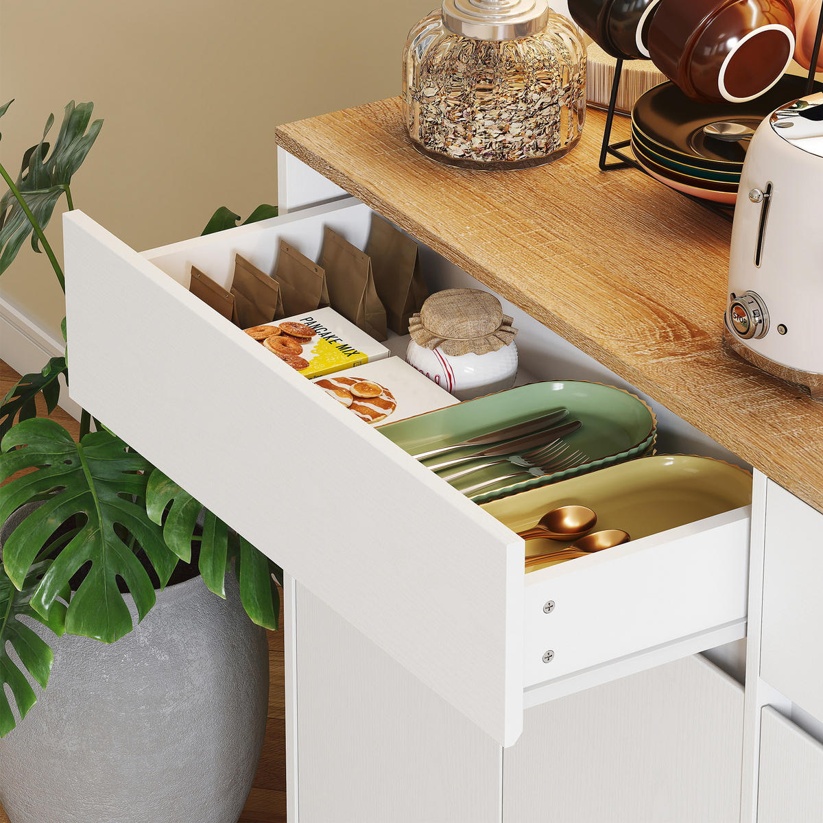 BUFFET DE-11308 LED-RGB, 6 Türen & 2 Schubladen mit Arbeitsplatte Weiß - Weiß, Holzwerkstoff (38/180/100cm) - ComfortXL