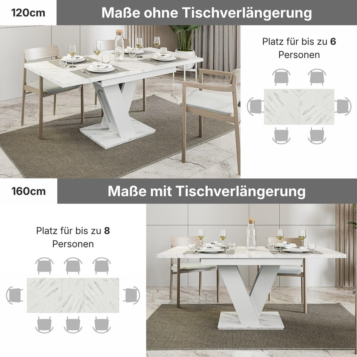 ESSTISCH Bianco Weiß Marmoptik Ausziehbar 120 - 160 cm - Weiß, Holzwerkstoff (120/80/75cm) - PROSPERO