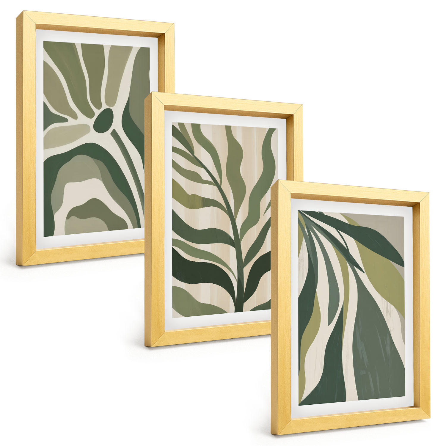 BILDER SET 3er Set - 20x30 cm Goldrahmen - Illustrationen gemalter grüner Blätter - Goldfarben, Kunststoff (20/30cm) - TULUP