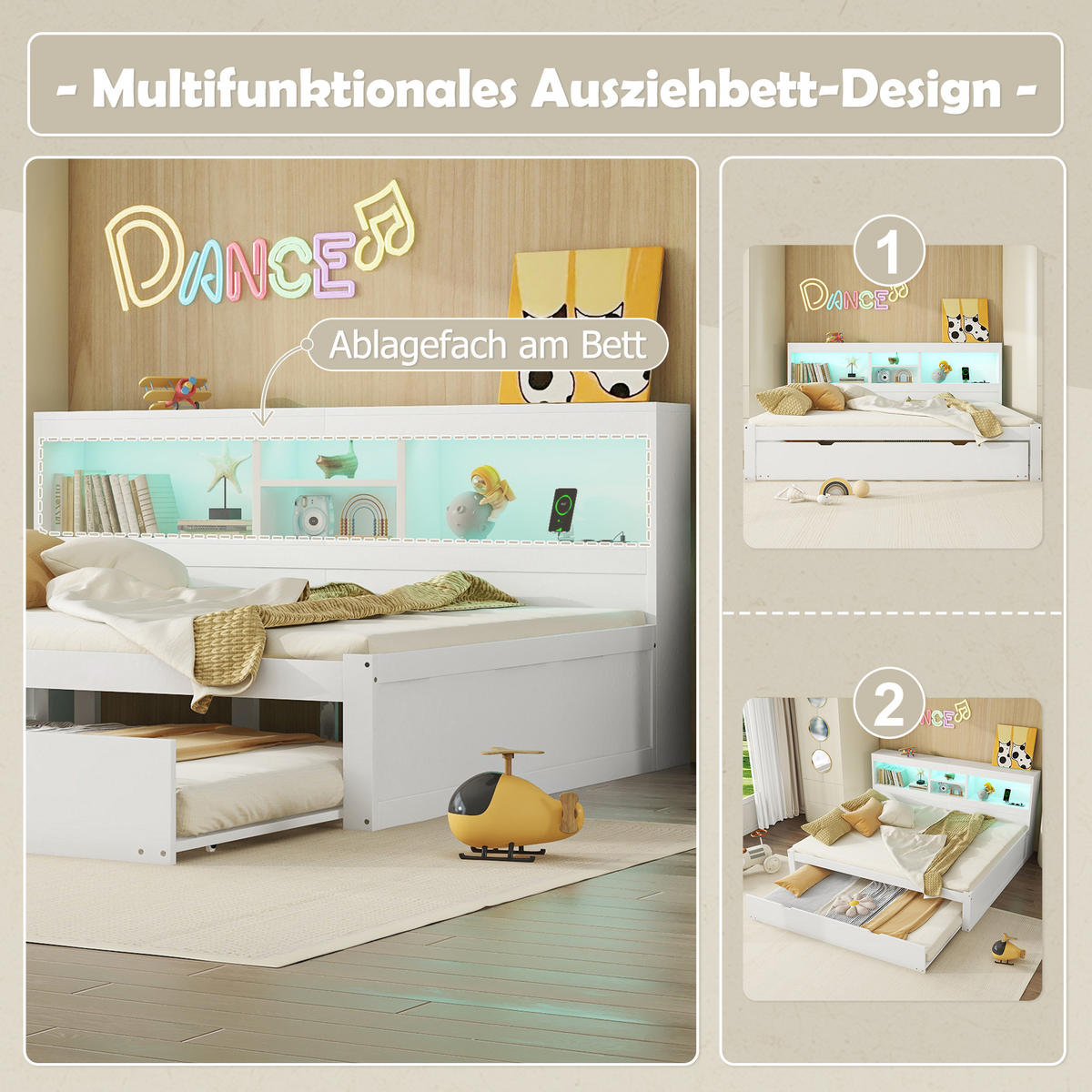 SCHLAFSOFA 140x200cm Weiß LED-Licht Bettseite Staufach Ausziehbett USB - Weiß, Holz (140/200cm) - FLIEKS