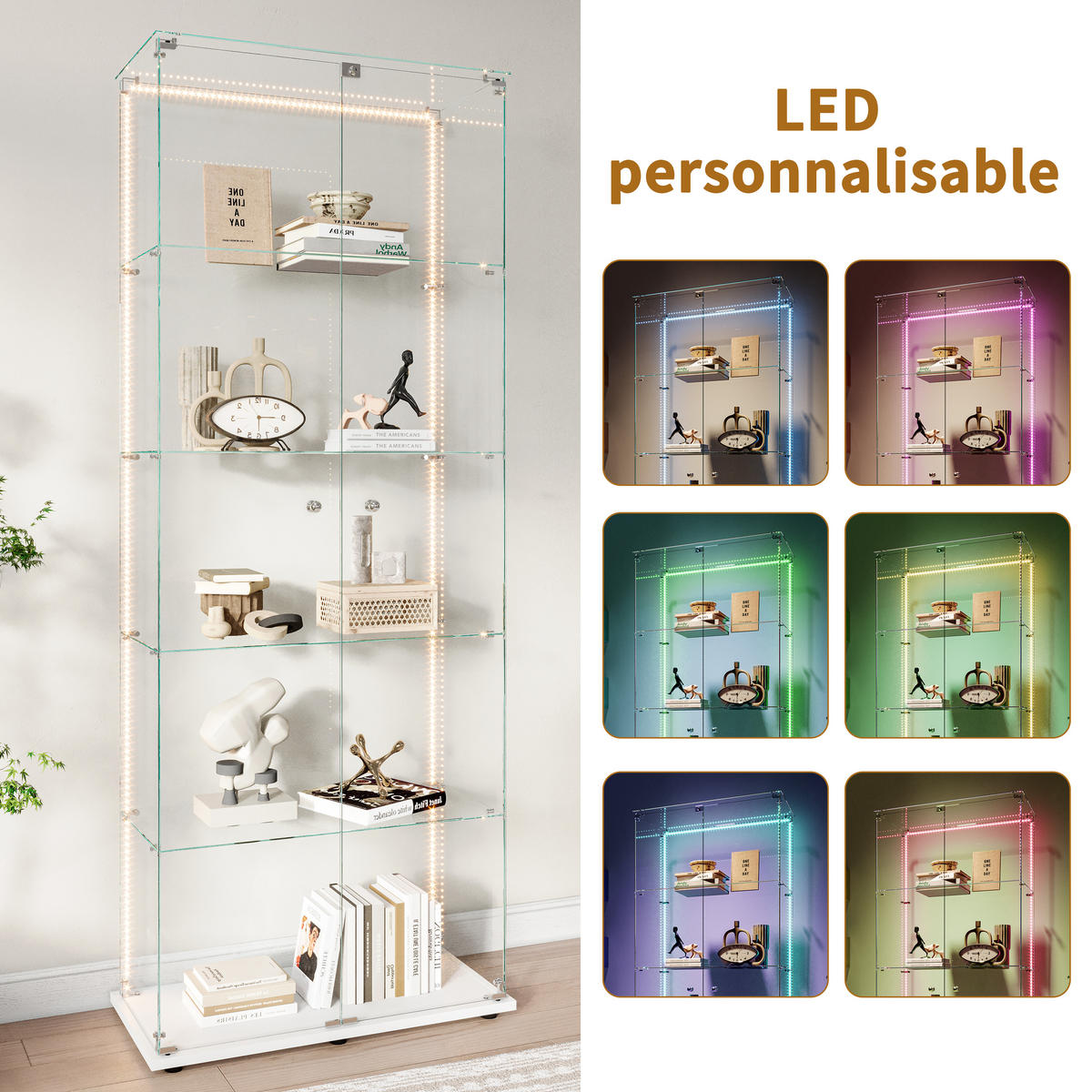 VITRINE 77x35x187 cm, LED, 5 Böden, 2 Türen, Weiß - Weiß, Holz (80/183/36cm)