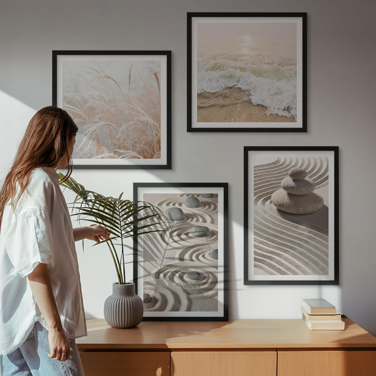 BILDER SET 4er Set - 50x50 cm & 40x60 cm Schwarzer Rahmen - Wellen, Sand, Wasser, Steine, Strand - Schwarz, Kunststoff (50/50cm) - TULUP