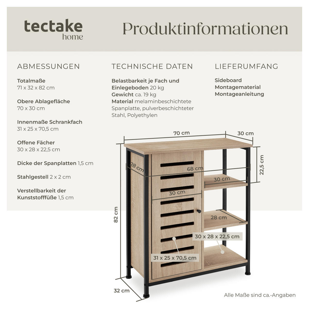 SIDEBOARD ,mit höhenverstellbaren Kunststofffüßen, 70 x 32 x 82 cm,Industrial Holz hell, Eiche Sonoma - Naturfarben, Holzwerkstoff (32/82/71cm) - tectake