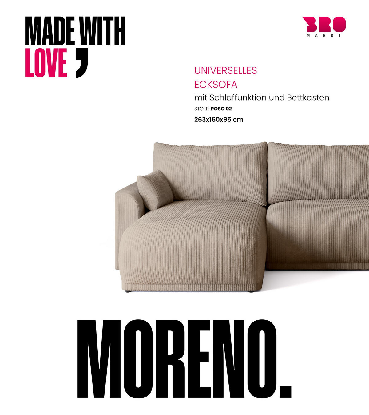 ECKSOFA MORENO mit Schlaffunktion Beige Cord - Beige, Textil (262/160cm) - Bromarkt