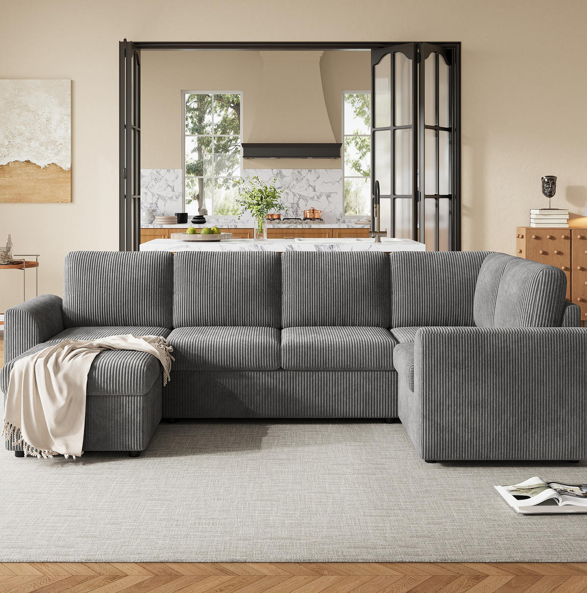 WOHNLANDSCHAFT aus cord 282x153x85 cm in Grau mit Stauraumhocker & Schlaffunktion - Grau, Textil (153/85/282cm) - Modfu