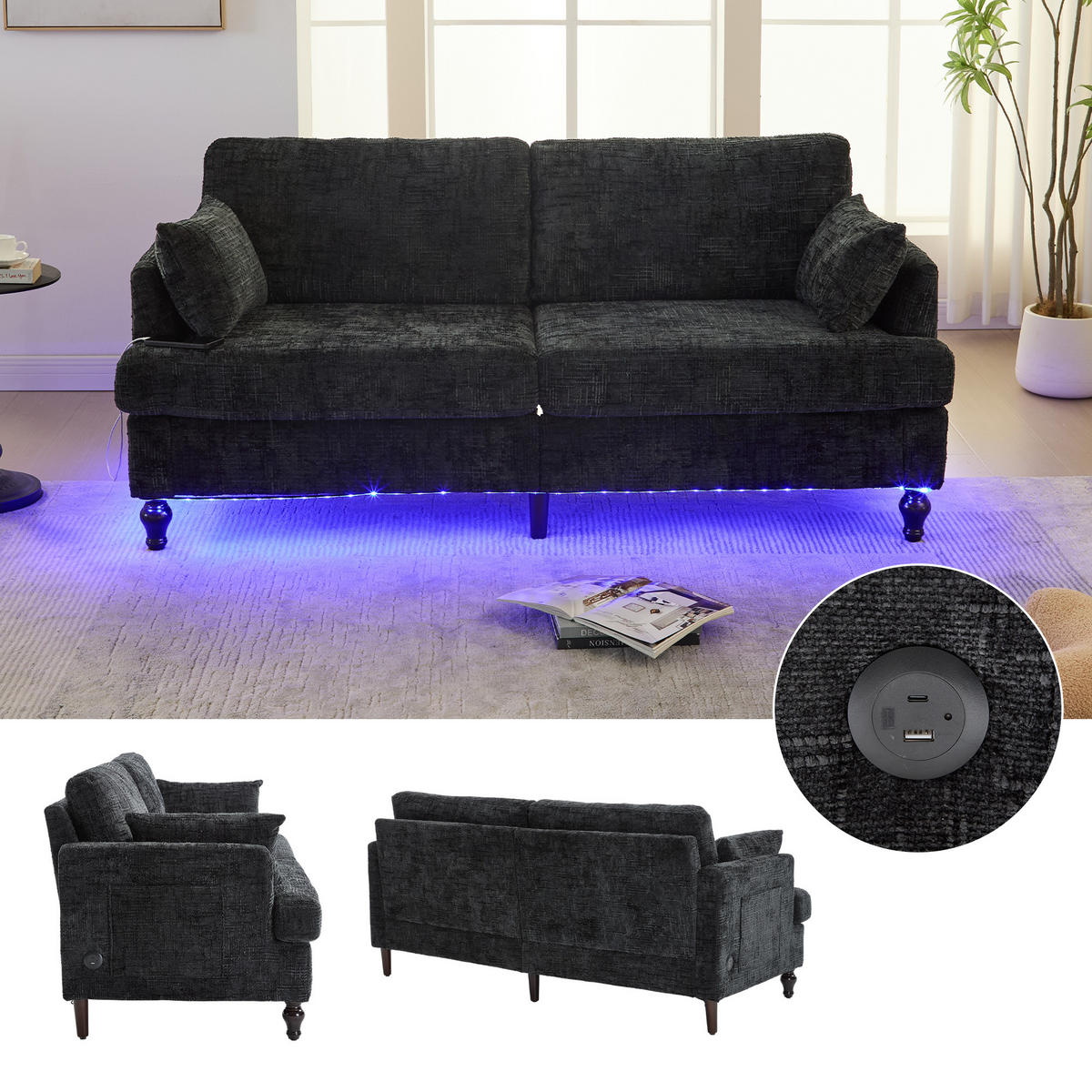 2-SITZER Sofa Chenille mit USB-Anschluss und LED-Beleuchtung 175/83/78 cm Schwarz - Schwarz, Textil (175/78/83cm) - Redom