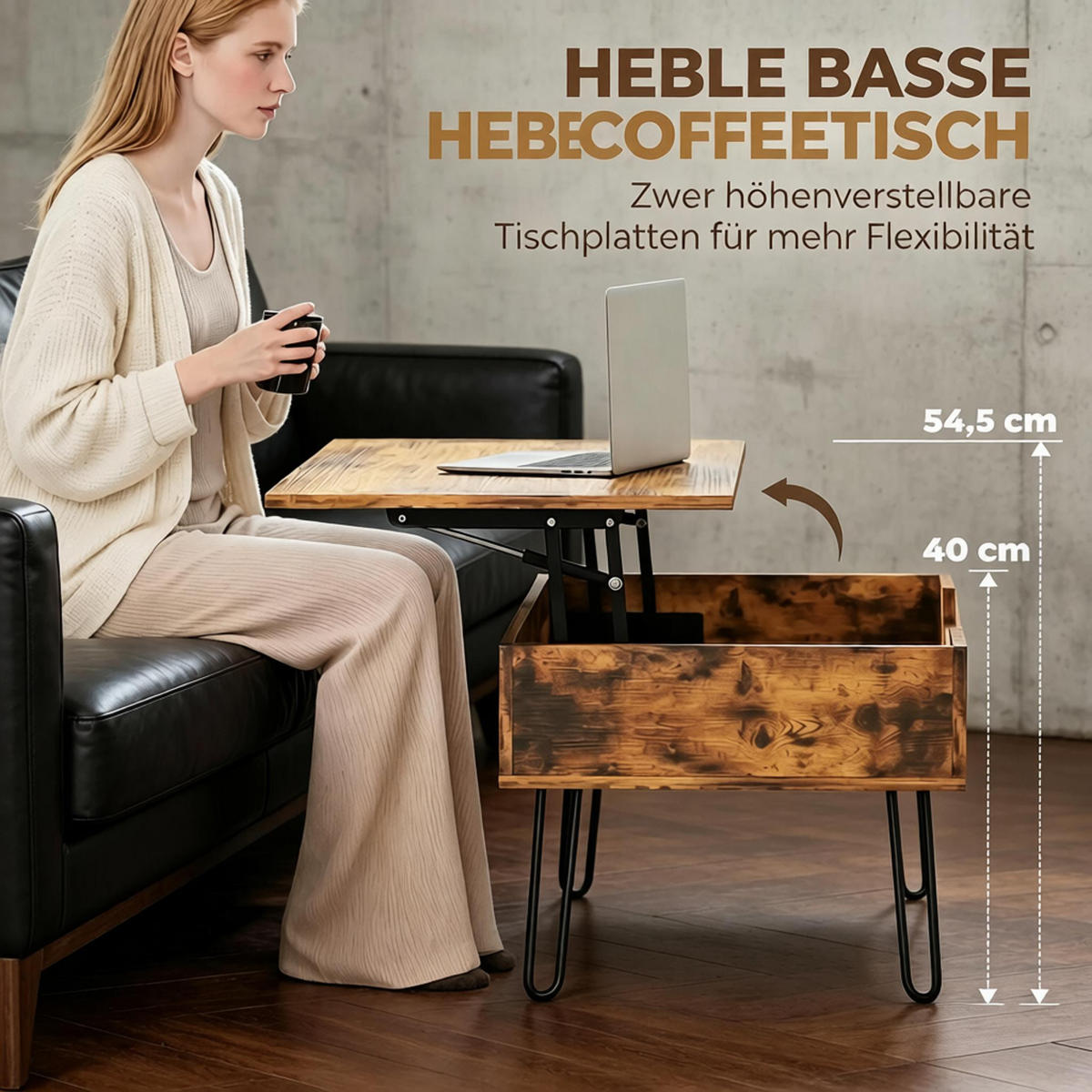 COUCHTISCH DE-37255 Lift-Top mit verstecktem Fach Rustikales Braun/Schwarz - Walnussfarben, Holzwerkstoff (95/50/40cm) - ComfortXL