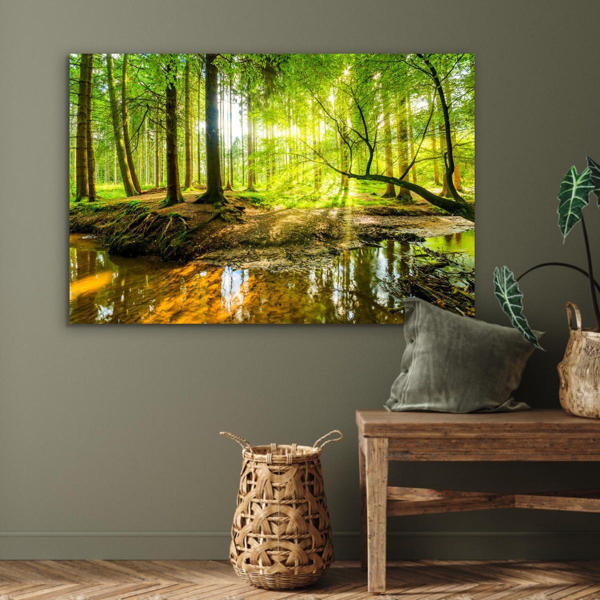 METALLBILD Wald - Landschaft - Wasser - Bäume - Sonne - Grün - Natur 90x60 cm - Grün, Metall (90/60cm) - MuchoWow