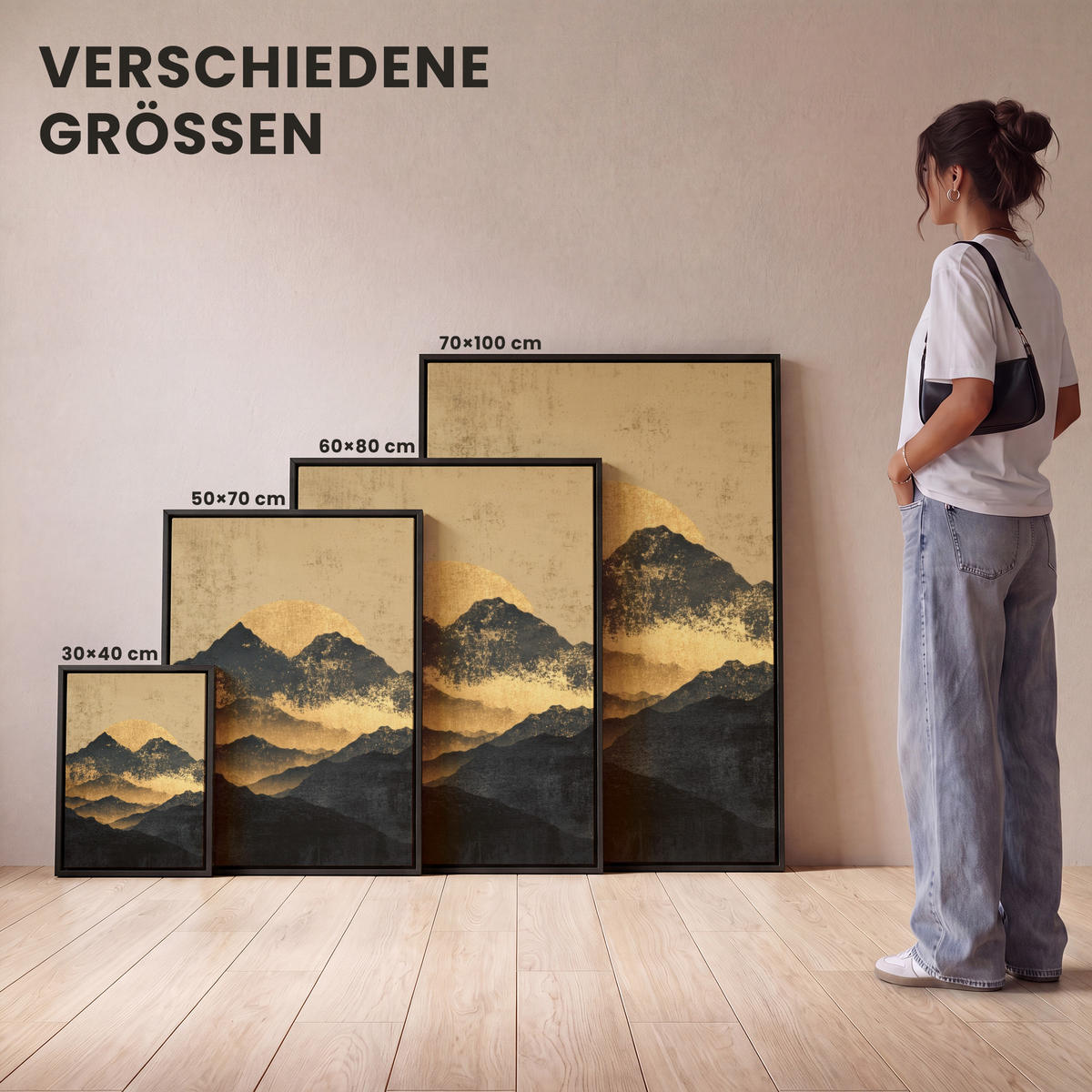 LEINWAND Bilder mit Rahmen - Goldene Berge bei Mondschein - 70x100 - Goldfarben, Textil (70/100cm) - MuchoWow