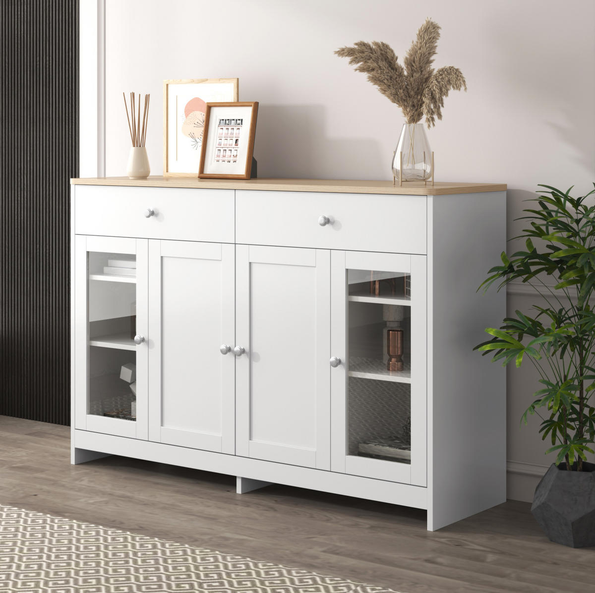 SIDEBOARD 120/37/80 cm weiß und Holzfarbe aus MDF mit 4 Türen und 2 Schubladen - Weiß, Holzwerkstoff (37/80/120cm) - OKWISH