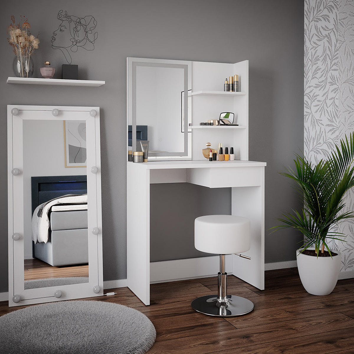 SCHMINKTISCH Dekos Weiß 75 cm mit LED-Spiegel und Hocker - Weiß, Holzwerkstoff (75/141/40cm) - Vicco