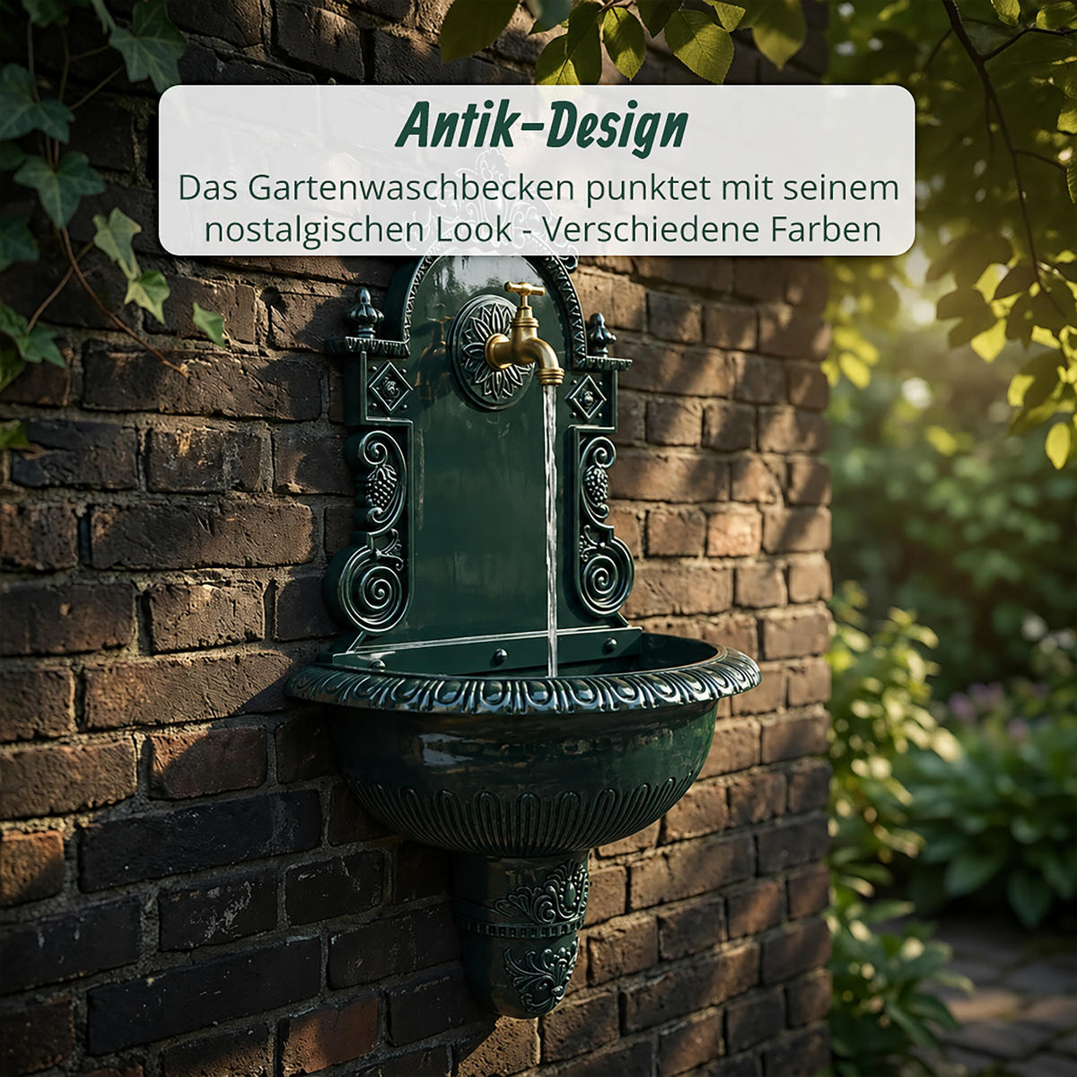 FONTÁNA Zelená nástěnná antik hliníkový odlitek 75 cm - zelená barva, kov (22/44/75cm) - Relaxdays