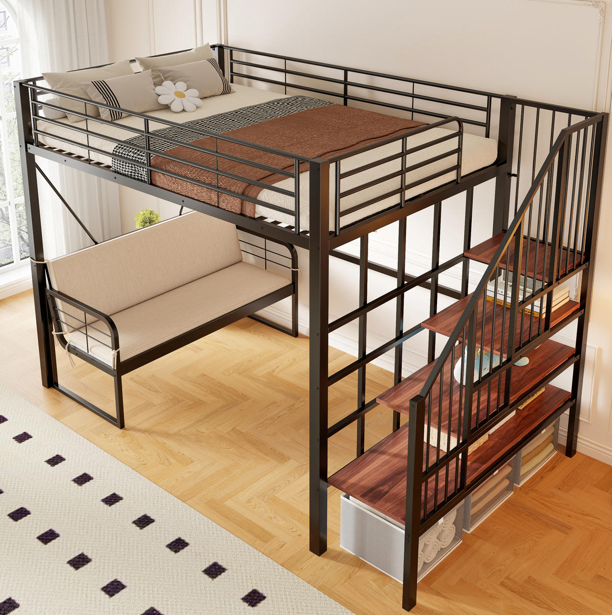 ETAGENBETT 140/200 cm mit abnehmbarem Polstersofa, Stauraumtreppe und Metallrahmen, Schwarz - Schwarz, Holzwerkstoff (140/200cm) - Redom