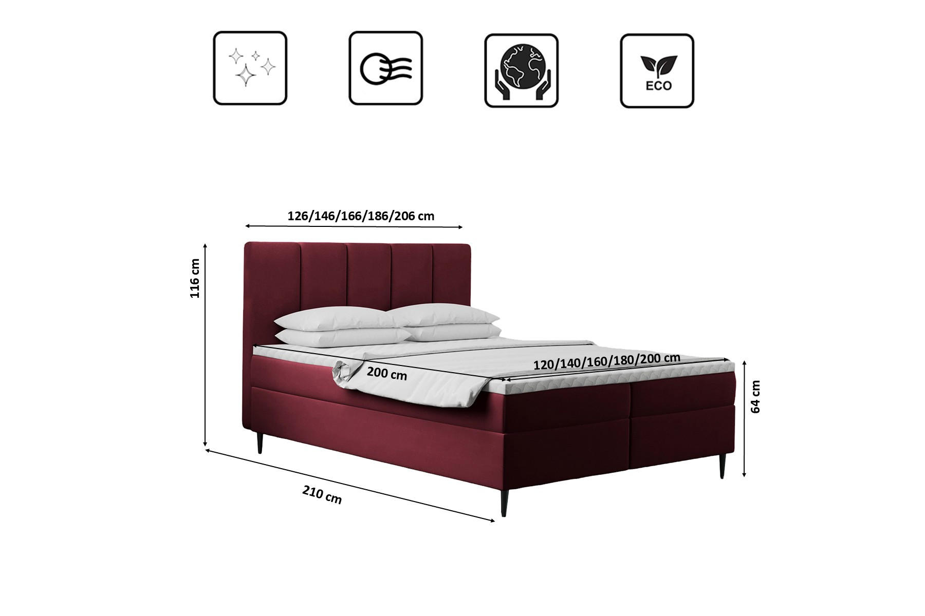 Thumbnail - Kaiser Möbel Boxbett, Rot, Textil, H3, Höhe ca. 20 cm, einzeln stellbar, eckig, 160x200 cm, Schlafzimmer, Betten, Boxspr...