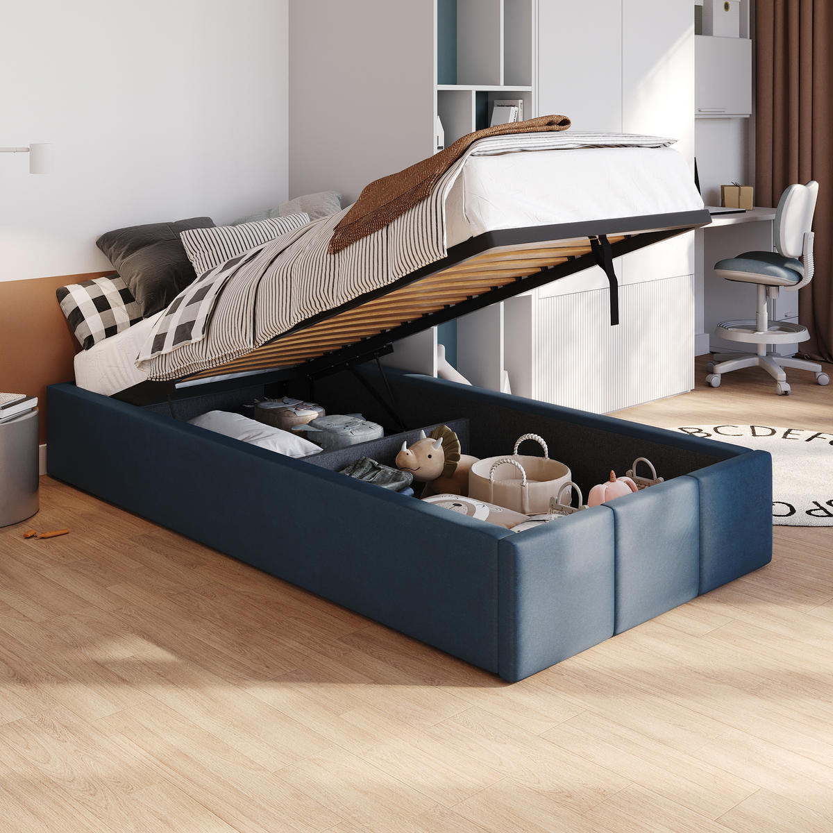 POLSTERBETT für Schlafzimmer Bett mit Stauraum Dunkelblau 90x200cm - Dunkelblau, Holzwerkstoff/Textil (90/200cm) - Muralo