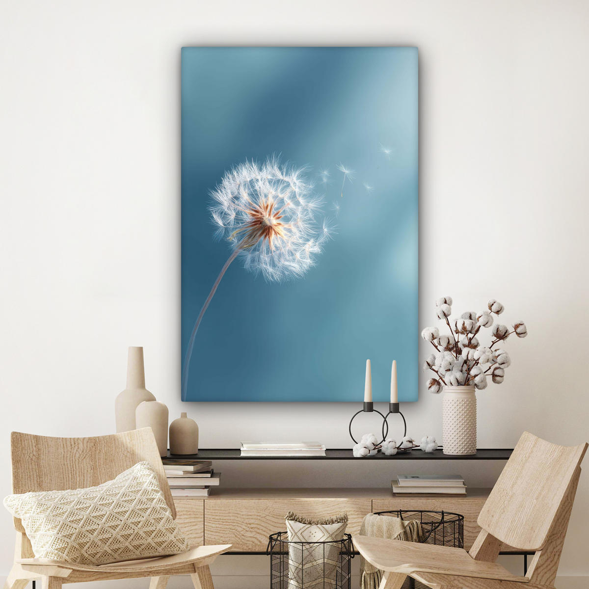 LEINWANDBILD Löwenzahn - Wind - Blau Deko XXL 80x120 cm - Blaugrau, Textil (80/120cm) - MuchoWow