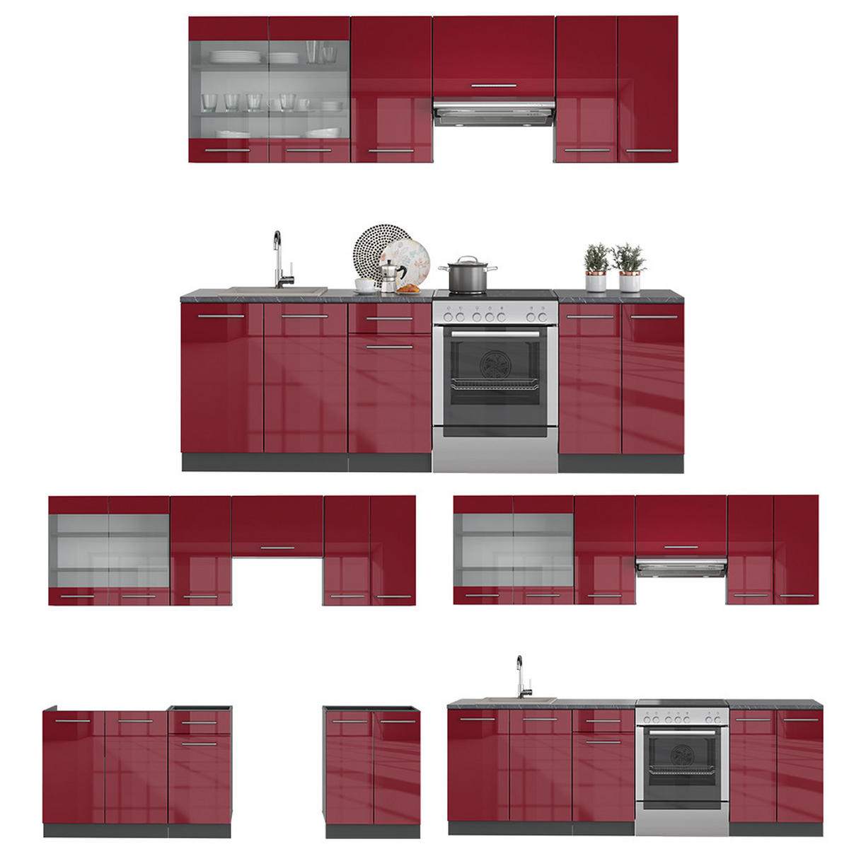 KÜCHENZEILE Fame-Line Bordeaux Hochglanz 240 cm ohne AP - Bordeaux/Anthrazit, Holzwerkstoff (240/81.6/46cm) - Vicco