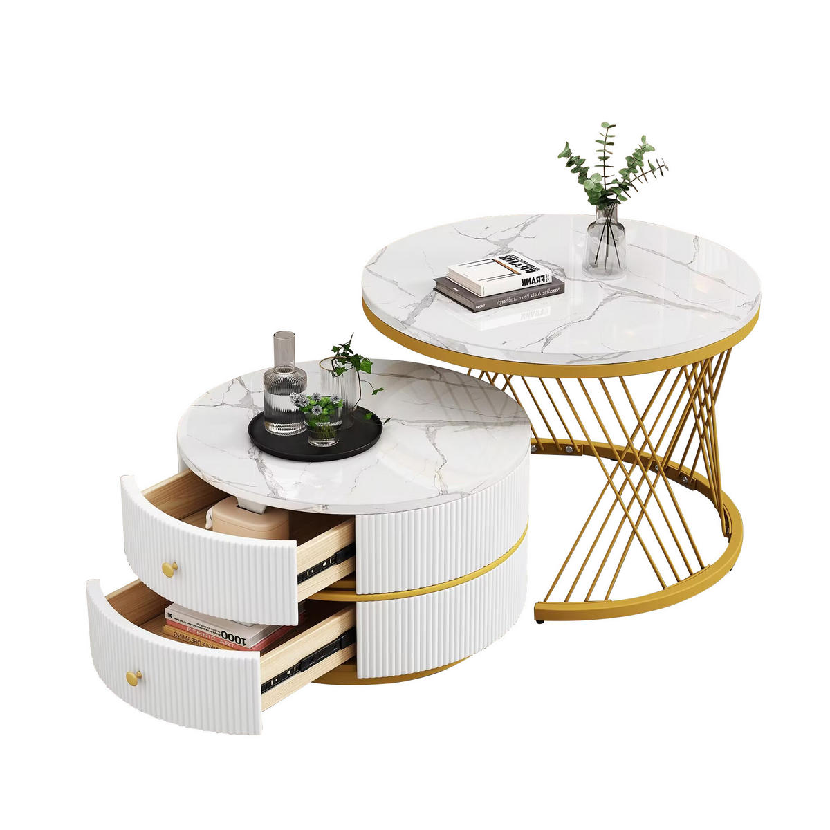 COUCHTISCH-SET aus MDF 60x60x46 cm & 50x50x30,8 cm Weiß mit 2 Schubladen und hochglänzender Marmoroptik - Weiß, Holzwerkstoff (60/60/46cm) - Modfu