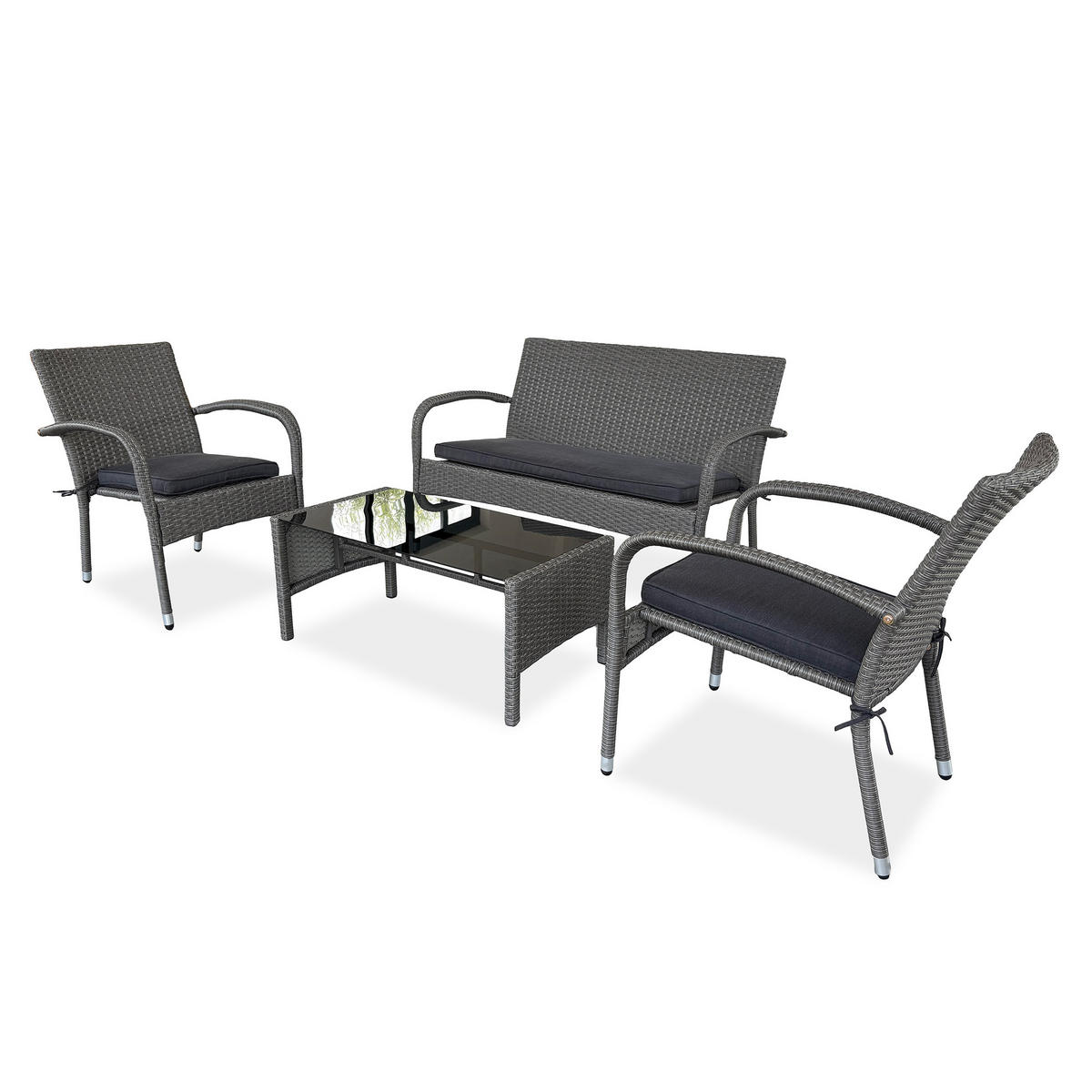GARTENSET Montero Sofa, 2 Sessel und Tisch mit gehärtetem Glas, Metall+Technorattan - Dunkelgrau/Grau, Metall - Beautysofa