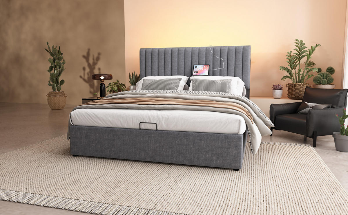 POLSTERBETT 140/200 cm in Grau Leinen mit Bettkasten, LED und USB Type-C - Grau, Holzwerkstoff/Textil (140/200cm) - WISHDOR