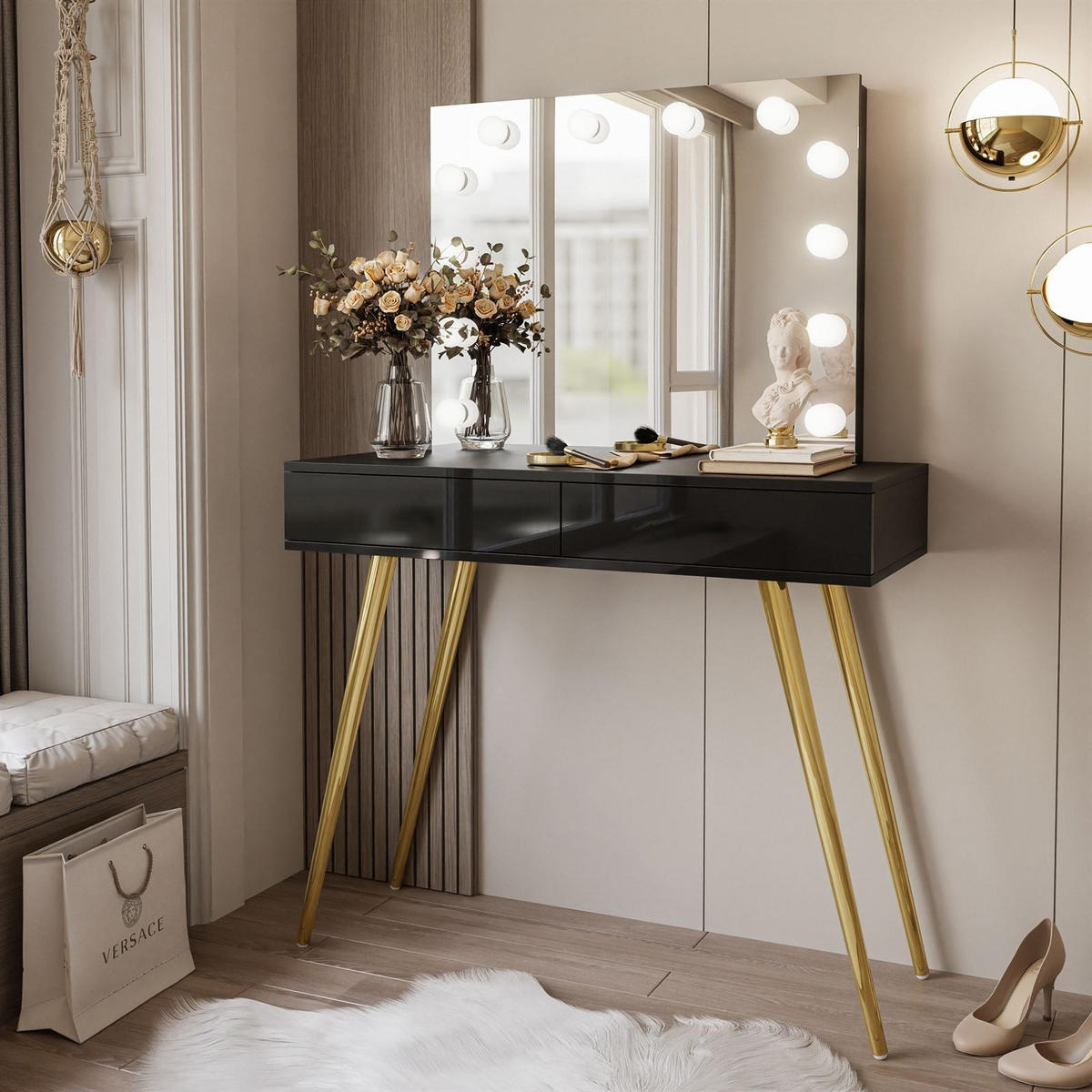 Schminktisch SIENNA GOLD ELITE mit Spiegel PUSH OPEN - Schwarz Hochglanz/Goldfarben, Holzwerkstoff (100/81/42cm)