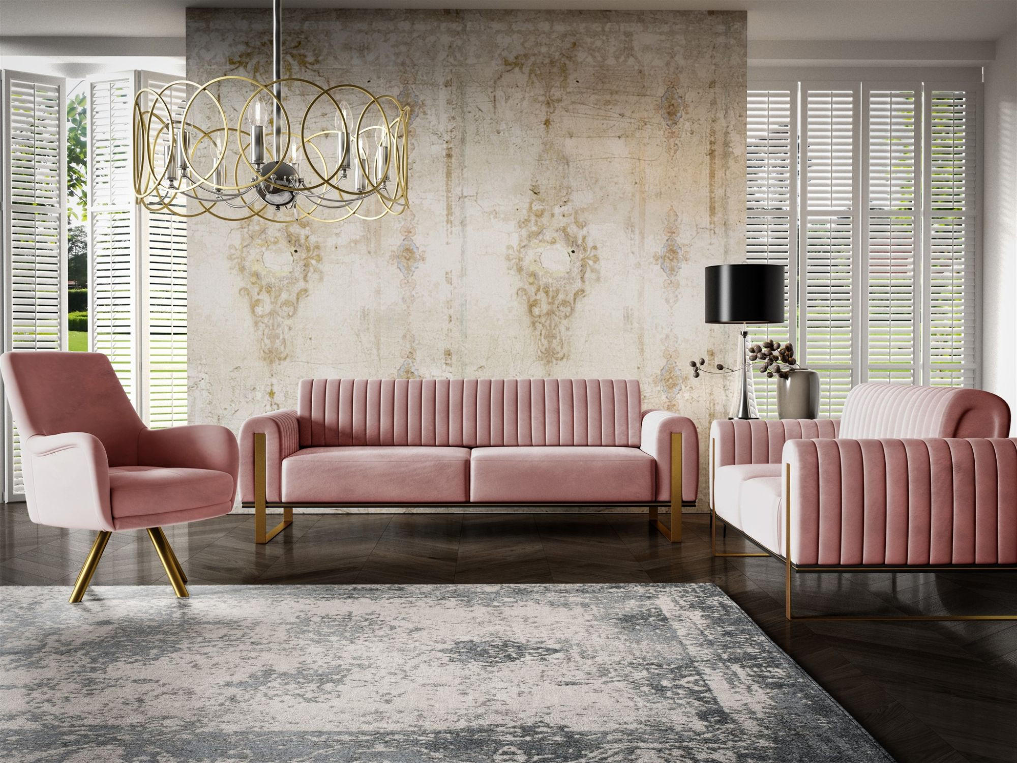 SOFASET Valerie 3-2 Und Drehsessel - Altrosa, Holzwerkstoff/Textil (228/79/90cm) - Fun Möbel
