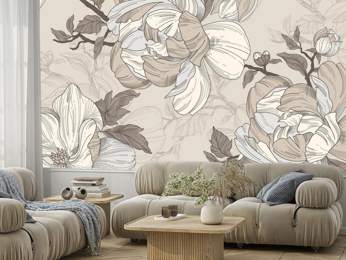 FOTOTAPETE für Wohnzimmer Natur Große Blüten Blätter Pflanzen 150x105 - Beige/Creme, Papier (150/105cm) - Muralo
