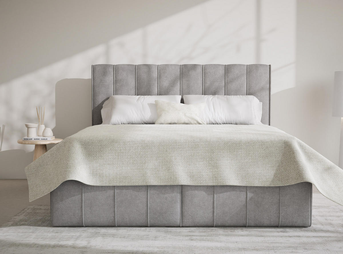 BOXBETT Moretti 200/200 cm, in Beige grau, Bettkasten, Matratze, Topper - Greige/Schwarz, Holz/Holzwerkstoff (200/200cm) - Maison de Reve