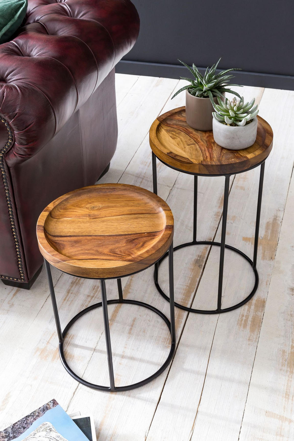 BEISTELLTISCH Set – Massivholz Metall Braun Schwarz 2-teilig Industrial - Schwarz/Braun, Holz/Metall (30/30/54cm) - KADIMA DESIGN