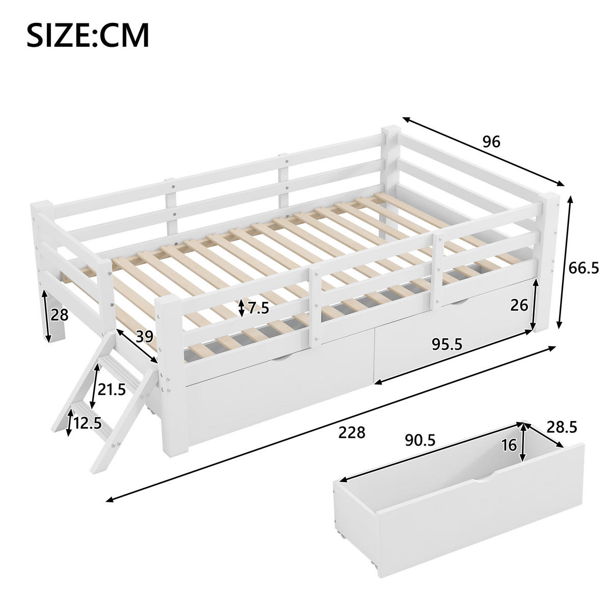 KINDERBETT 90/200 cm in Weiß mit 2 Schubladen - Weiß, Holz/Holzwerkstoff (90/200cm) - WISHDOR