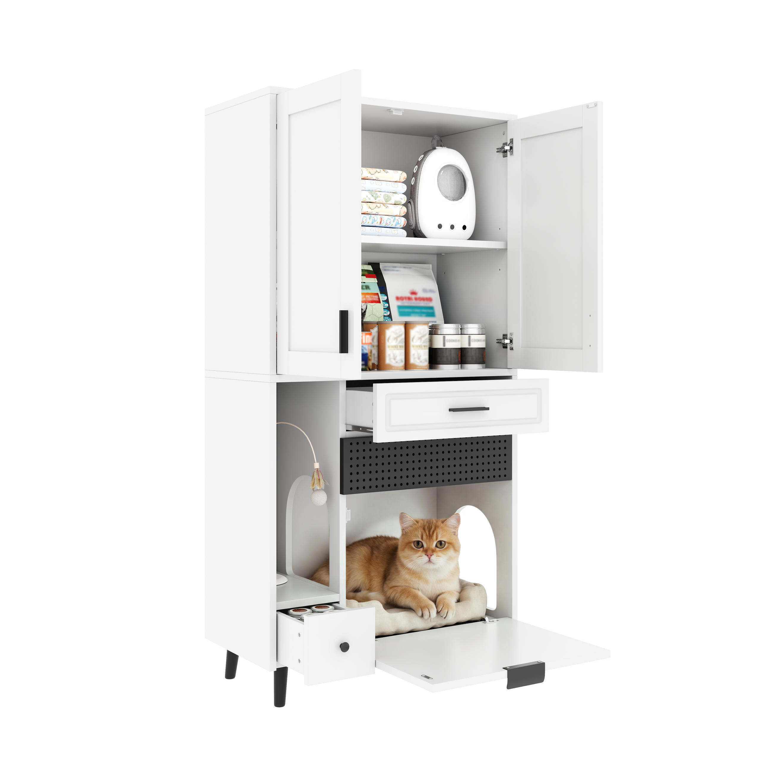 BUFFET Katzenmöbel Schrank MDF Katzenhaus Multifunktion Spielbereich verstellbare Böden Stauraum - Schwarz/Weiß, Holzwerkstoff/Metall (80/161/40cm) - EVRYAE