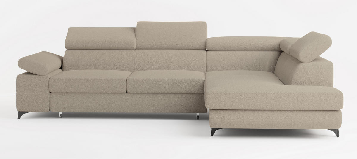 ECKSOFA FAVIEN R-S Beige Boucle-Stoff mit Schlaffunktion - Beige, Holz (257/190cm) - MASSENO