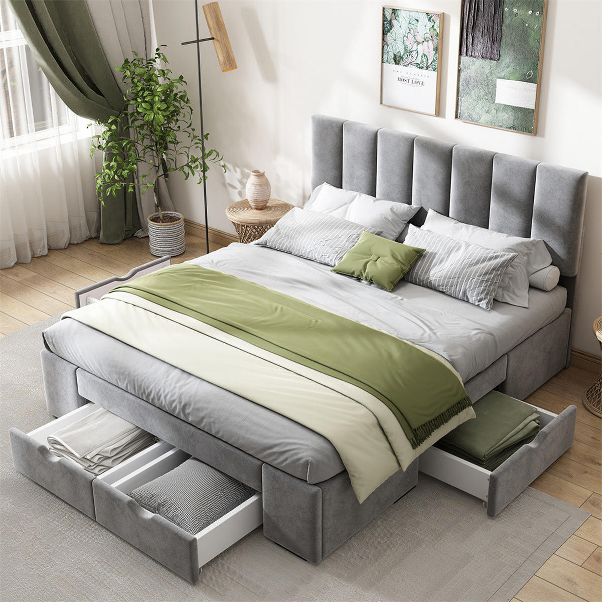 POLSTERBETT 140/200 cm in Samt - Grau, Holz/Textil (140/200cm) - KOMHTOM