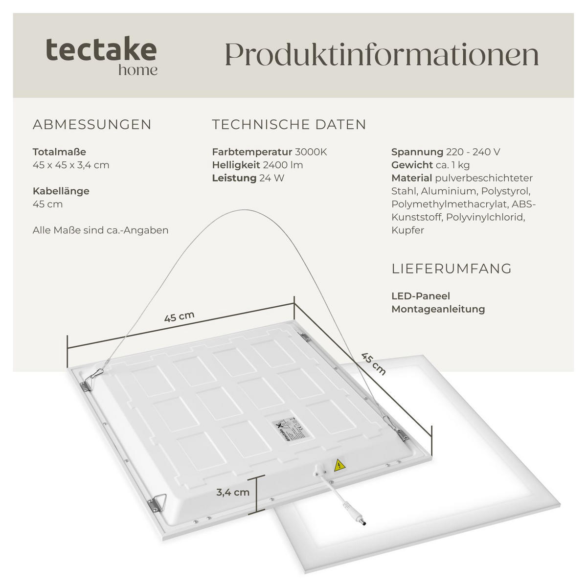 LED-PANEEL Lucerna, vielseitige Einsatzmöglichkeiten, weiß - Weiß, Textil (45/45/3.4cm) - tectake