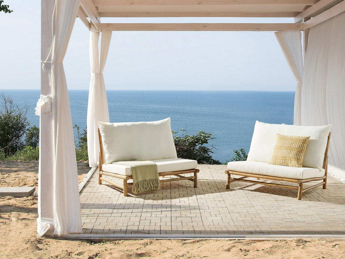 GARTENSESSEL 2er-Set Massivholz cremeweiß Todi - Hellbraun/Creme, Holz (102/74/85cm) - Beliani