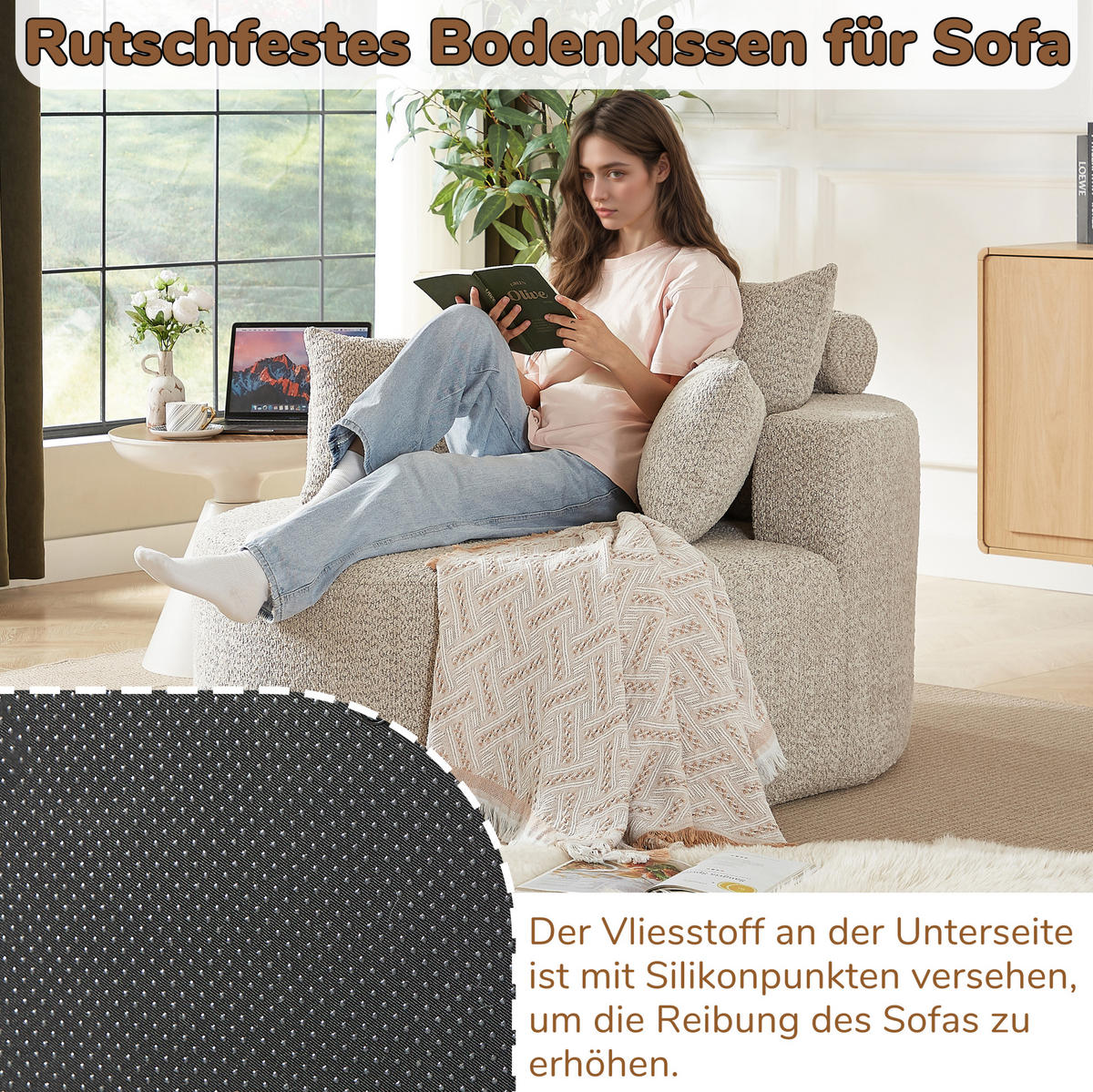 SESSEL aus Chenille Khaki ohne Montage mit Rückenlehnenkissen und zylindrischem Zusatzkissen - Sandfarben, Textil (127/85/127cm) - Modfu