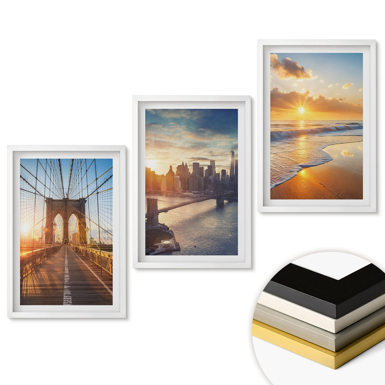 WANDBILDER 3er-Set - 40x60 cm Weißer Rahmen - Brücken, Sonnenuntergänge, Stadt - Weiß, Kunststoff (40/60cm) - ArtPrintCave
