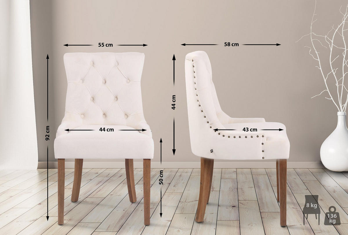 WOHNZIMMERSTUHL 4er Set Samt creme - Creme/Naturfarben, Holz/Textil (55/92/58cm) - CLP