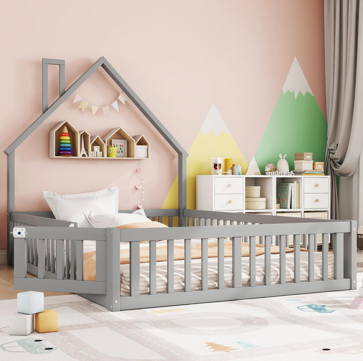 HAUSBETT 140/190 cm Grau aus Kiefernholz und MDF mit Schornsteinform - Grau, Holz (140/190cm) - OKMYHOME
