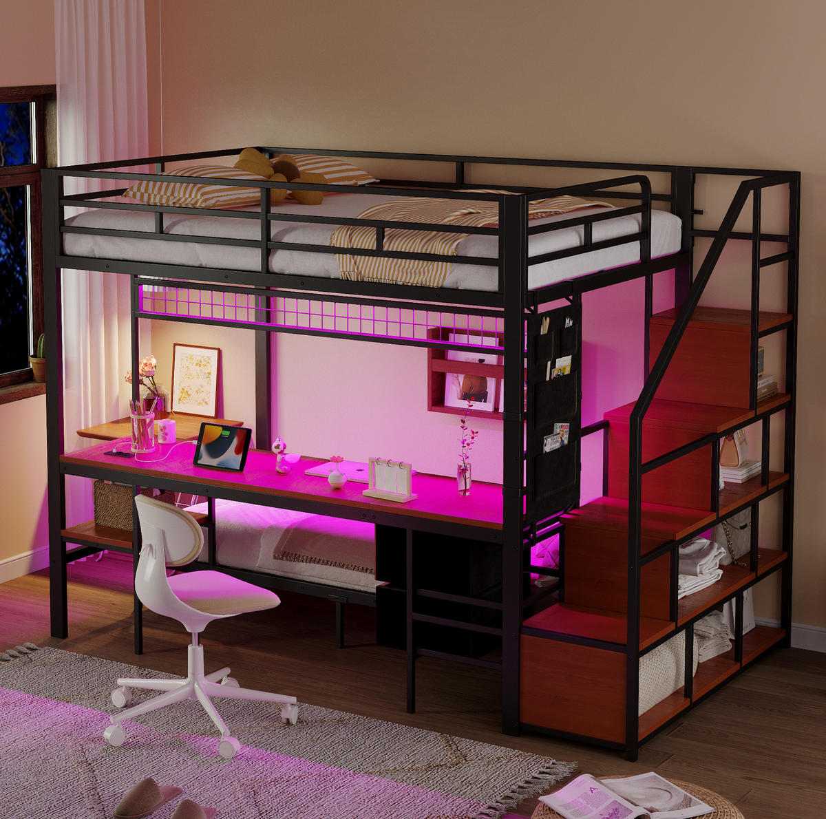 HOCHBETT aus Metall und Holz 140x200/90x200 cm Schwarz mit Schreibtisch, LED, Steckdosen und Stoffschubladen - Schwarz, Metall (90/200cm) - Modfu