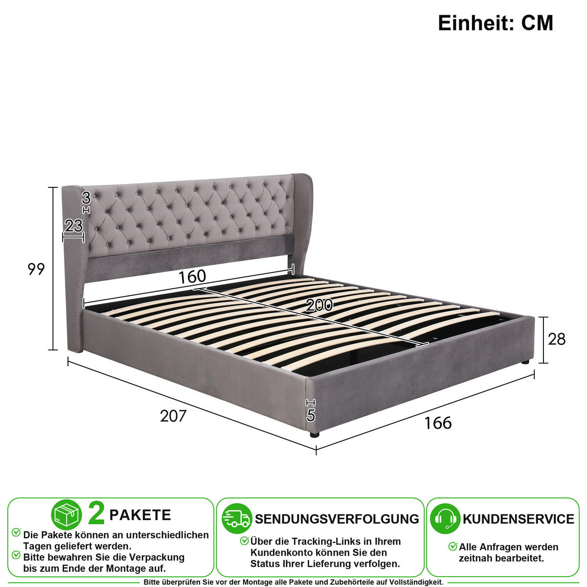 POLSTERBETT 160/200 cm in Grau Samt mit Bettkasten Chesterfield-Design - Grau, Holzwerkstoff/Textil (160/200cm) - CHICFURN