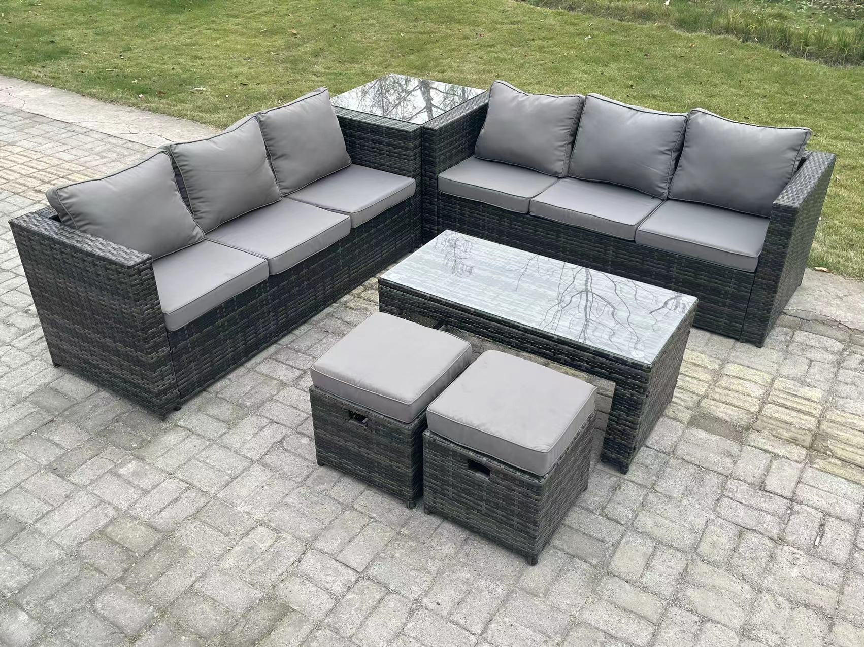 GARTENSET Polyrattan 8-Sitzer - Dunkelgrau/Grau, Glas/Kunststoff - Fimous