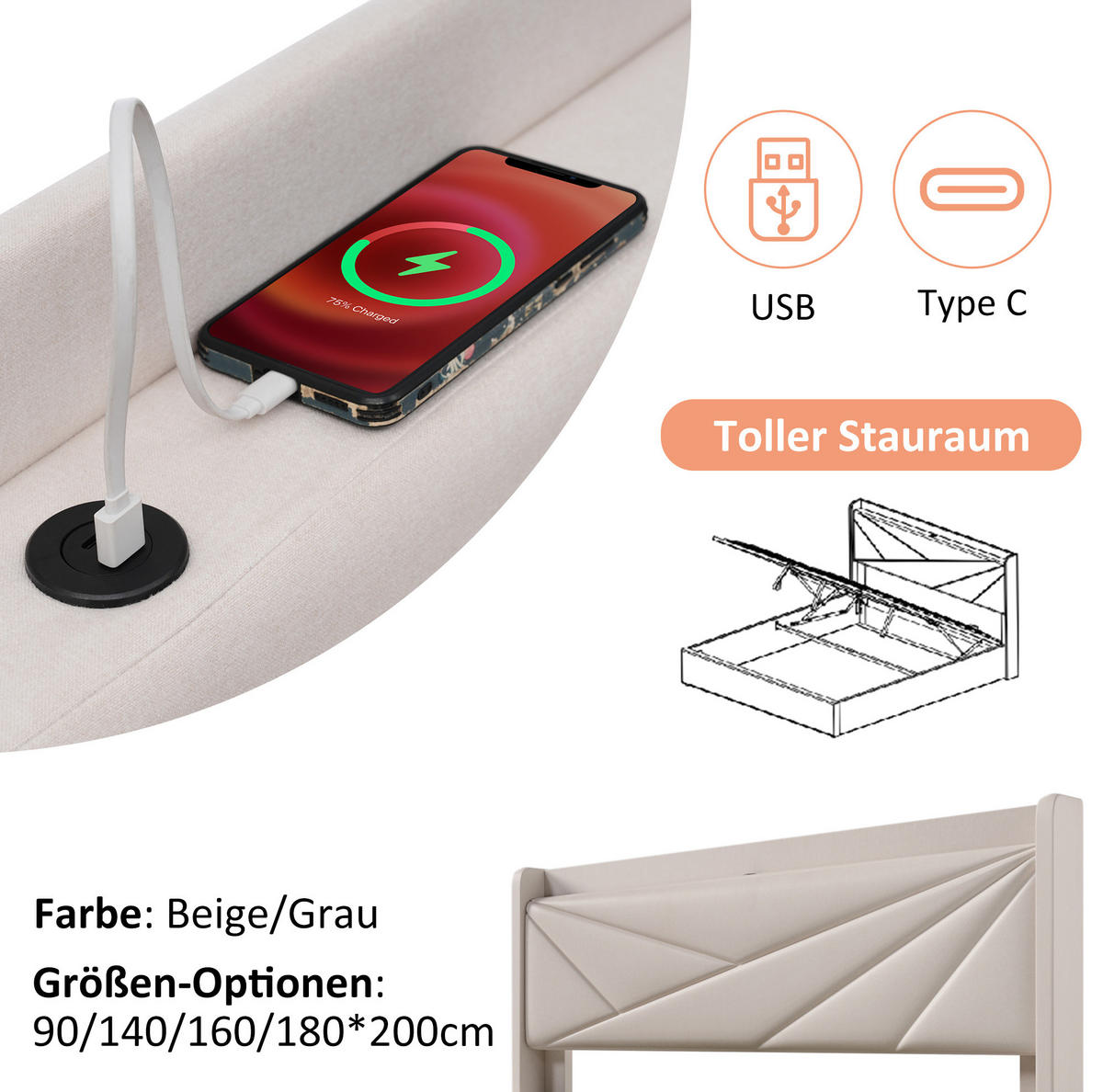 POLSTERBETT 180/200 cm aus Samt mit Bettkasten und Lattenrost Beige - Beige, Textil (180/200cm) - Modenvie