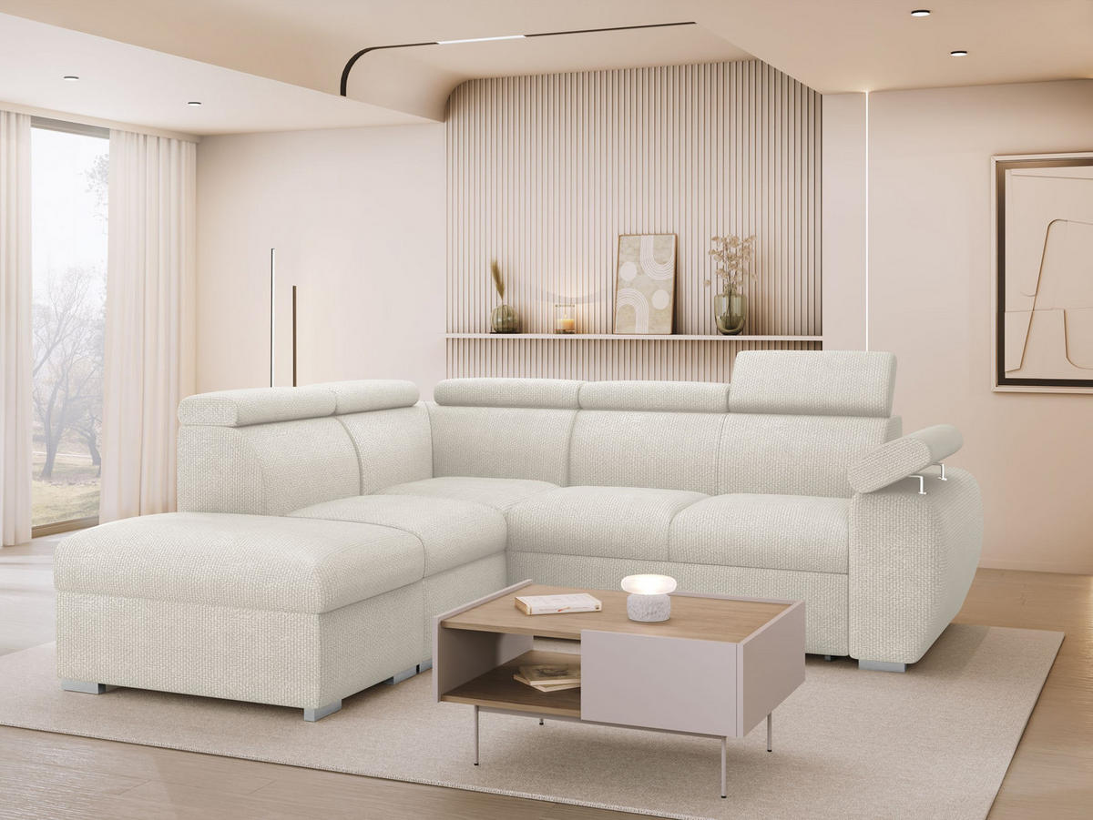 ECKSOFA Boston 2RR1P, Seite: Links PUFAP+R+1P(65)+2R - Silberfarben/Creme, Holz/Textil (260/230cm) - MIRJAN24