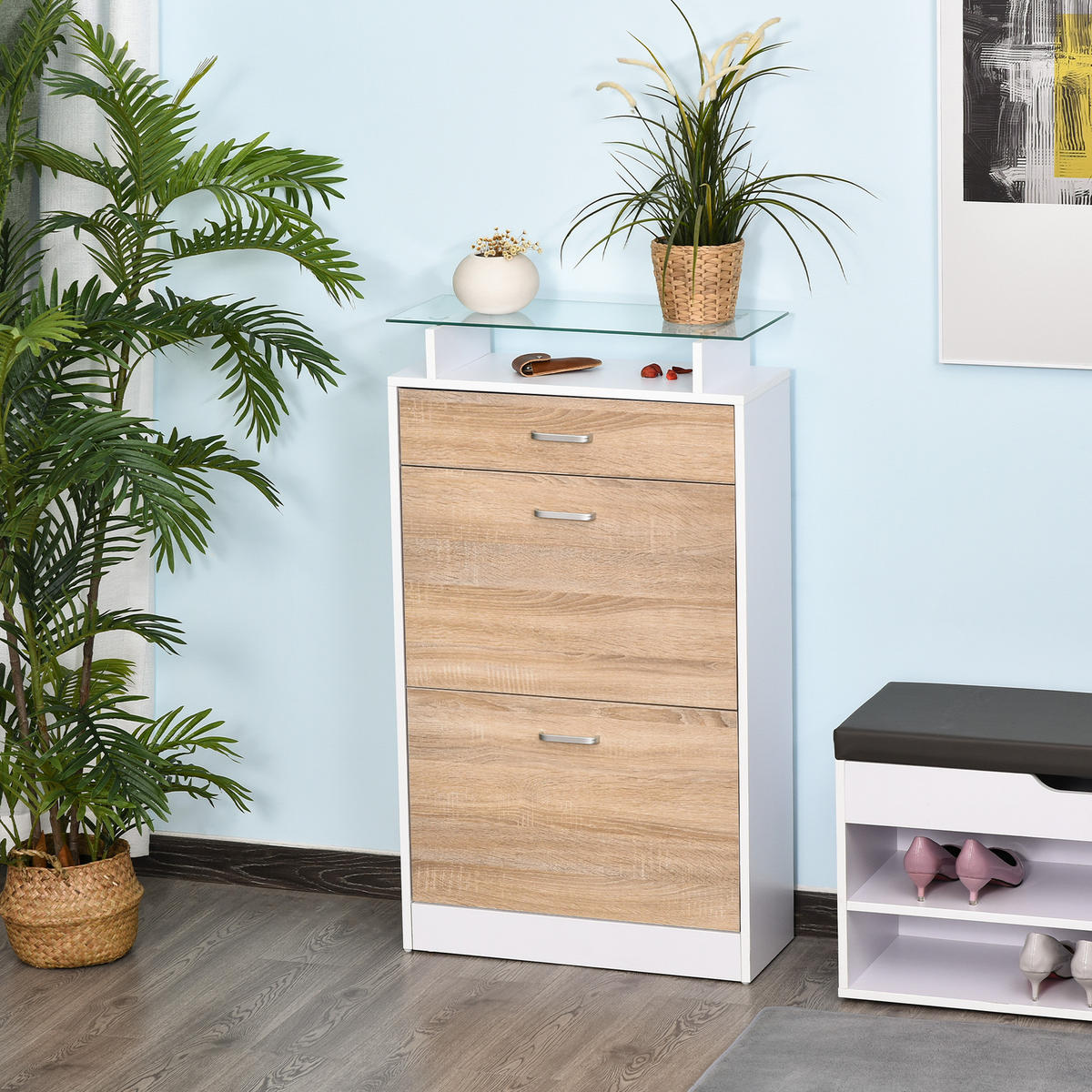 SCHUHSCHRANK DE-14965 2 Klapptüren & Schublade mit Glasablage Eiche - Weiß, Holzwerkstoff (60/105/24cm) - ComfortXL