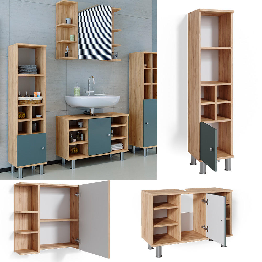 BADMÖBEL-SET Fynn Grün 3 Teile, mit Midischrank Tür klein - Eiche Wotan/Grün, Holzwerkstoff (60/54/32cm) - Vicco