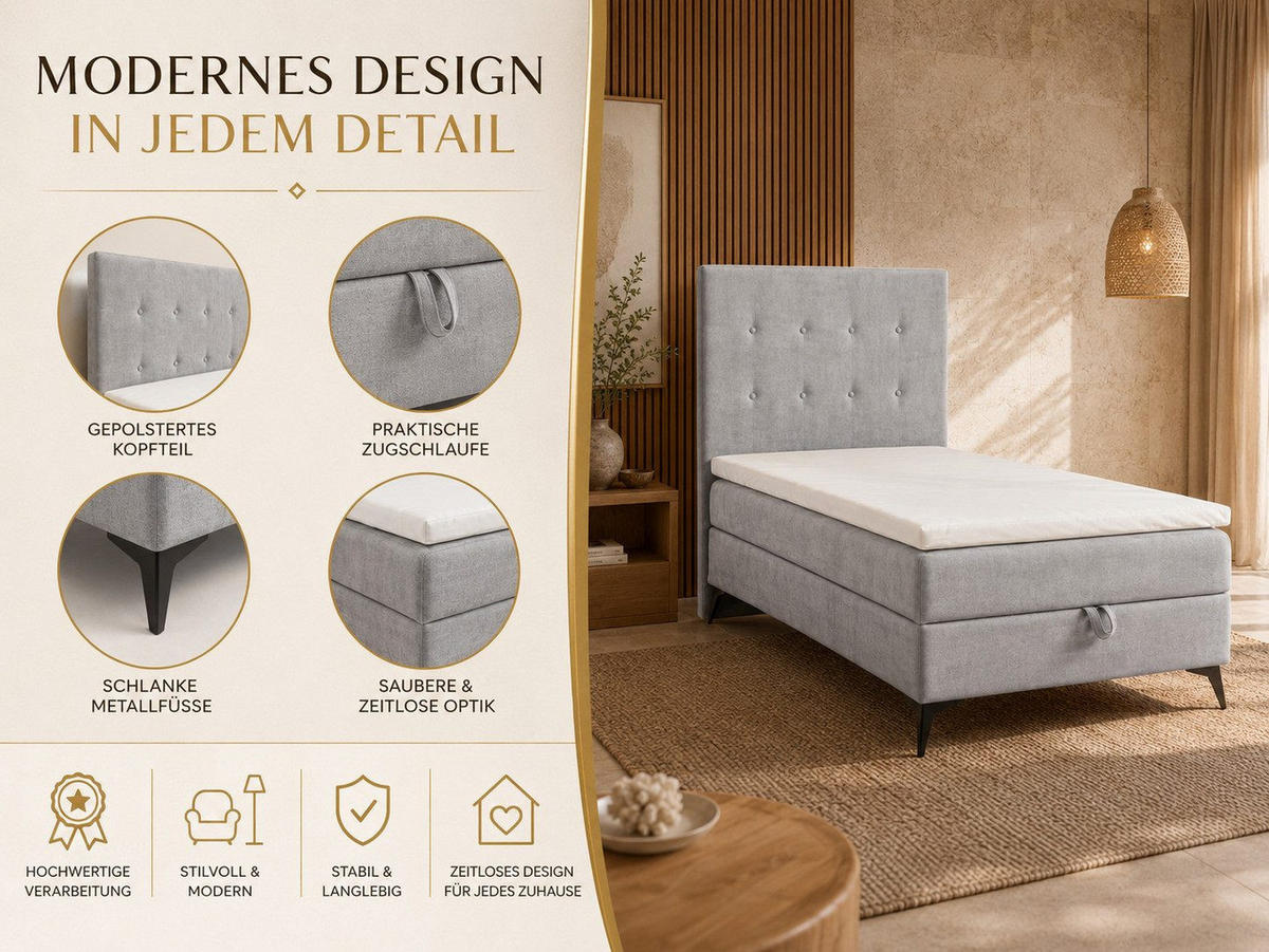 BOXBETT K15 Single SLIM mit Bettkasten & Bonell-Federkern inkl. Topper - Hellgrau, Holz/Textil (200/90cm) - Best For Home