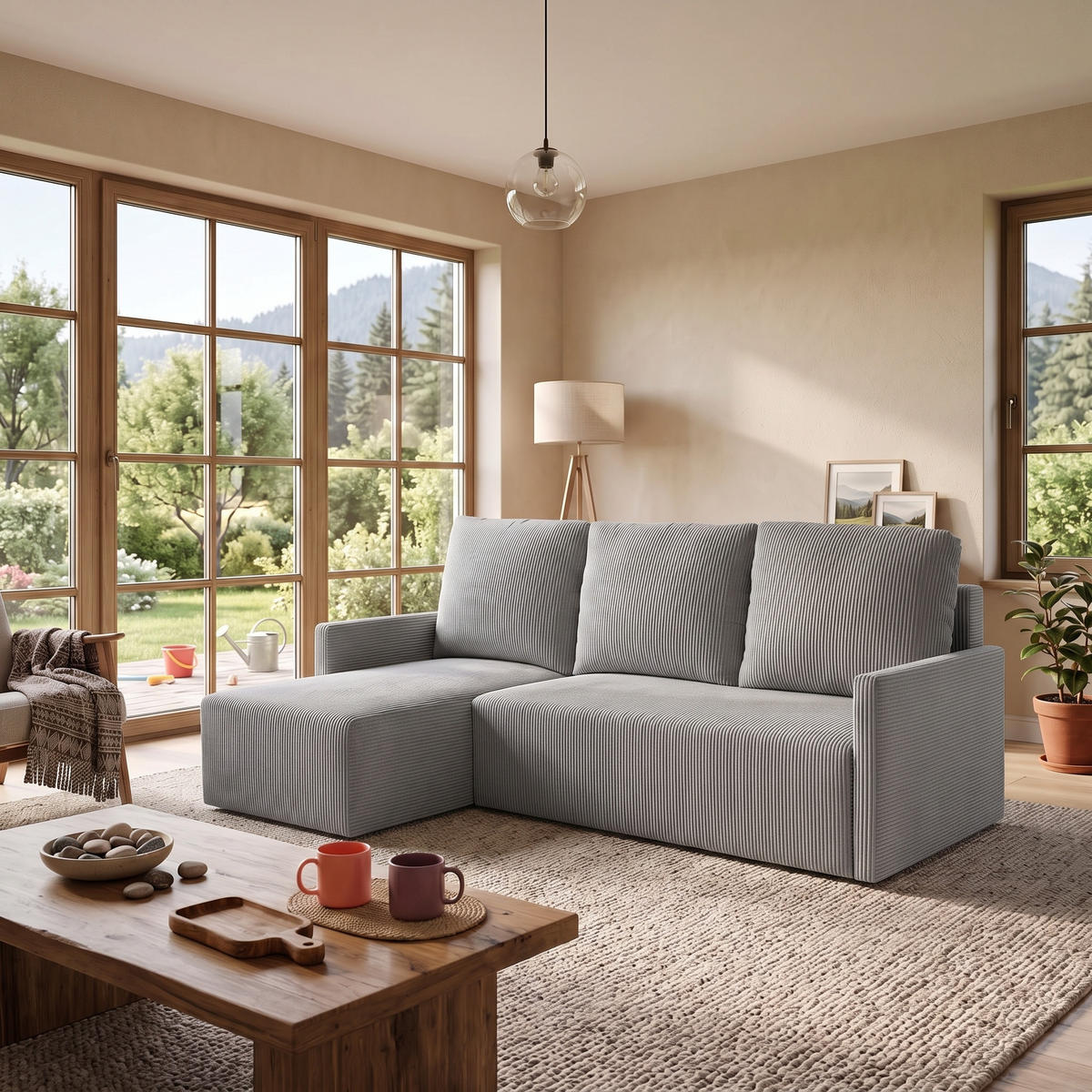 ECKSOFA GARDA L universell links/rechts montierbar mit Schlaffunktion 132x198 cm Cord Grau - Schwarz/Grau, Holz/Kunststoff (209/145cm) - NACANAPA