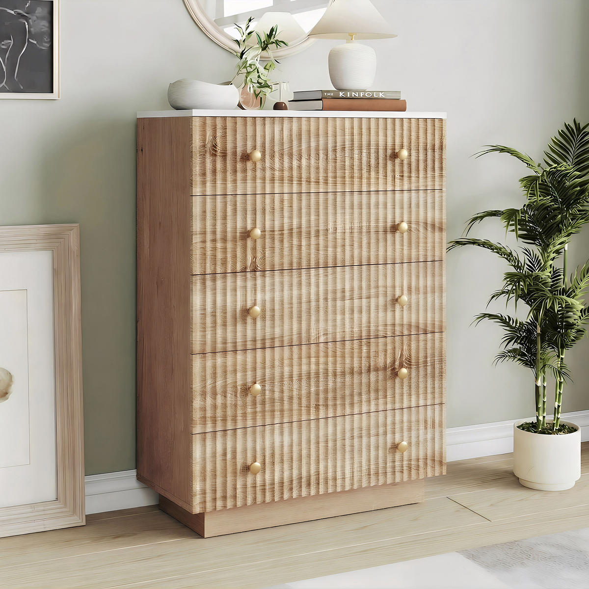 KOMMODE mit 5 Schubladen & Sockel‑LED, Eiche‑Weiß, 40/73/111cm - Eichefarben, Holz (73/111/40cm) - Joyfair